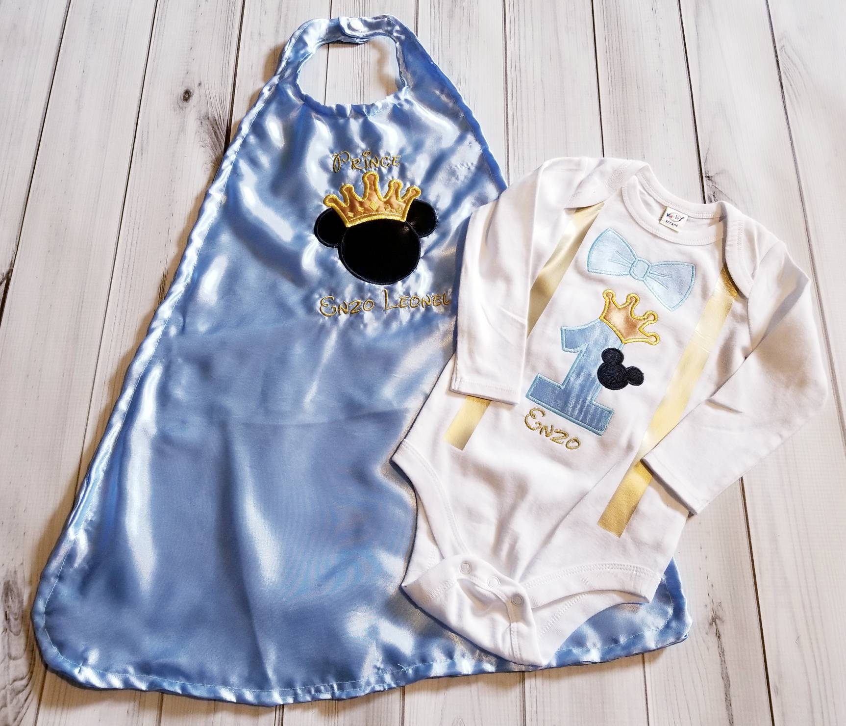 Prince or King Mickey Birthday Outfit - Light Blue & Gold- Personalized Satin Cape, Crown Onesie, Diaper Cover - Smash Cake Photo Prop