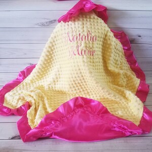 Personalized Minky Baby Blanket: Yellow Minky, Hot Pink Satin Ruffle (33x40)