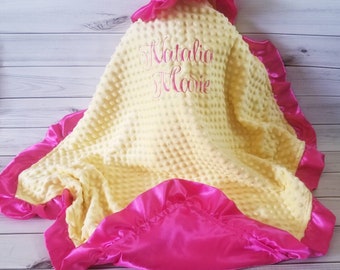 Lt Yellow Minky & Hot Pink Satin Silky Ruffle Personalized Minky Baby Blanket 33 x 40