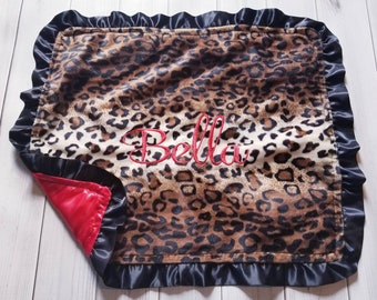 Leopard Cheetah Animal Print SMOOTH Minky & Red Satin Ruffle Lovey 18 x 22