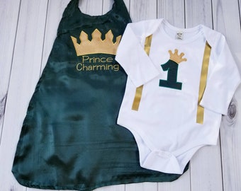 1st birthday Prince Charming Hunter Green Gold Baby boy Toddler Royalty Smash cake photo prop crown cape bodysuit 24m