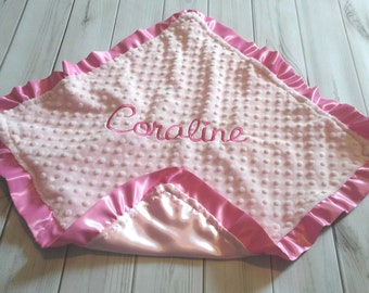 Baby Girl Personalized Security Blanket Lovie Lovey Pink Satin Ruffle dot Minky 20 x 20