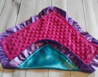 Baby Security Blanket Lovie Hot Pink Minky with turquoise satin , purple Satin Ruffle Minky 15 x 15