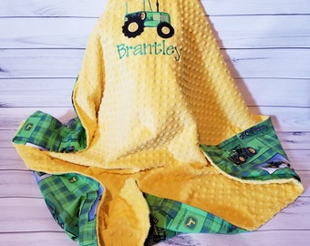 Boys Green Tractor Combine Plaid Cotton and Yellow Minky Minkee Baby Blanket 33 x 41
