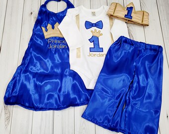 1st 2nd PRINCE OR KING Birthday Smash cake photo prop royal Royal blue gold crown satin cape crown hat pants