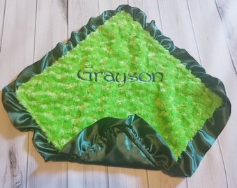 Lime Green Swirl Cuddle Silky Minky and hunter Green Satin with Hunter Satin ruffles 17 x 17 INCHES
