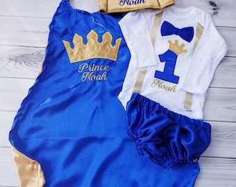 Royal Blue Gold 1st 2nd birthday Prince King royalty crown satin cape set