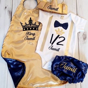 1/2 Birthday Boy Outfit: Navy Blue, Gold Crown, Satin Cape
