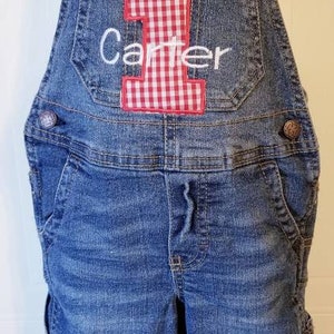 May include: Blue denim overalls featuring a red and white gingham number one patch with the embroidered name Carter on the chest pocket. The straps have a striped pattern. The legs feature a red barn patch and a Mickey Mouse character patch.