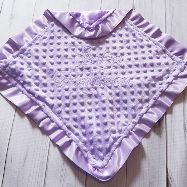 Baby Security Blanket Lovie Lovey Lavender Lilac Satin Ruffle Minky 15x15