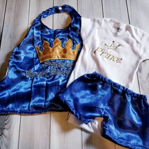 Newborn baby boy royalty King Prince photo prop royal blue gold crown satin cape shorts image 3