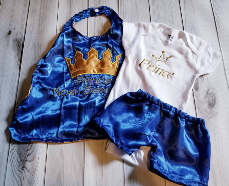 Newborn baby boy royalty King Prince photo prop royal blue gold crown satin cape shorts image 3