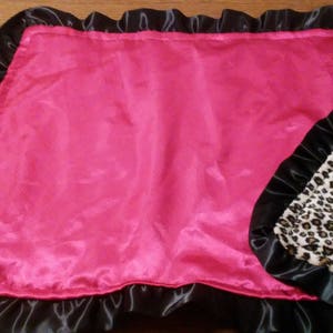 Leopard Cheetah Animal Print SMOOTH Minky & Hot Pink Satin Ruffle Lovey Security blanket 17x21 image 4