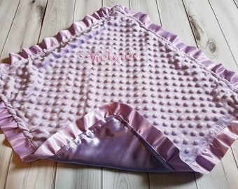 Girl Baby Lavender Minky and Satin Ruffle Security Blanket Lovie Lovey 20 x 20