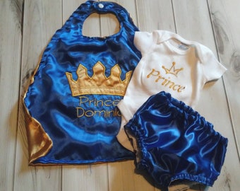 Newborn King Prince photo prop royal blue gold satin crown cape diaper cover
