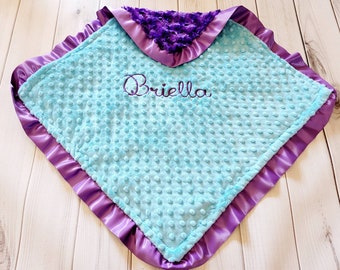 Baby Security Blanket Lovey Purple Swirl Minky and turquoise with Purple Satin Ruffles 21 x 21