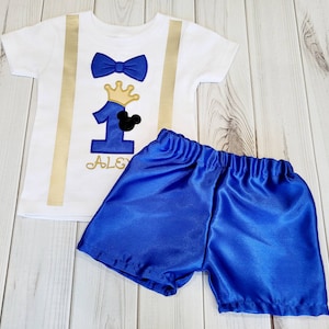 Mickey Royal Blue and gold Prince King crown 1st - 5th Birthday Shirt Shorts