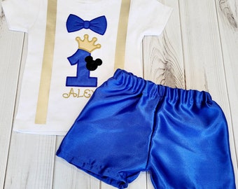 Mickey Royal Blue and gold Prince King crown 1st - 5th Birthday Shirt Shorts