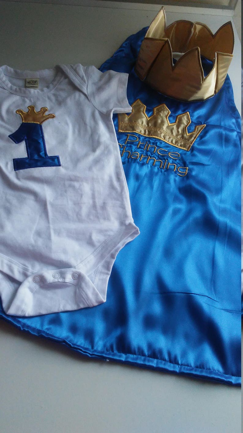 Prince Charming royalty 1st 2nd birthday outfit Smash cake photo prop royal blue gold crown satin cape crown hat