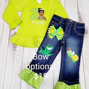 Princess Tiana Frog Fire Fly Birthday Shirt & Ruffle Capri or Jean Set image 1
