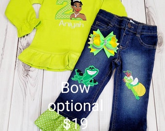 Princess Tiana Birthday Outfit – Custom Made Shirt or Onesie with Ruffle Capris or Jeans (Optional Bow Add-On)