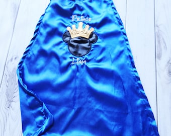 Prince Mickey Birthday Cape – Blue Satin with Personalized Embroidery – Smash Cake Photo Prop
