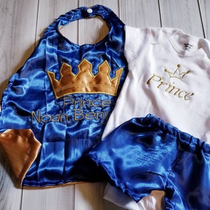 Newborn baby boy royalty King Prince photo prop royal blue gold crown satin cape shorts image 2