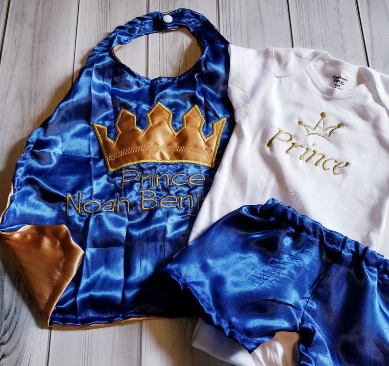 Newborn baby boy royalty King Prince photo prop royal blue gold crown satin cape shorts image 2
