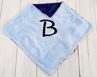 Baby boy Security Blanket Lovie Lt blue Smooth Minky with navy satin 13 x 13 inch