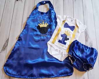 Mouse Prince King Royal |Blue and gold| 1st 2nd birthday crown satin cape with diaper cover