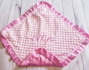 Baby Girl Personalized Security Blanket Lovie Lovey Pink Satin Ruffle dot Minky 20 x 20