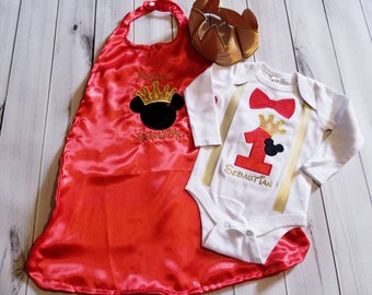 Prince King Mickey Red Gold 1st 2nd birthday crown satin cape set