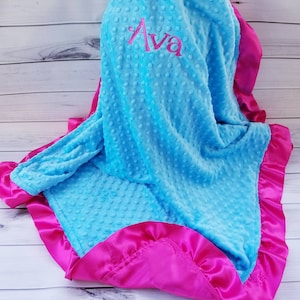 Aqua Blue Minky & Hot Pink Satin Silky Ruffle Personalized Minky Baby Blanket 35 x 38