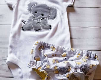 Gray yellow elephants diaper cover set 3-6 Ready to ship