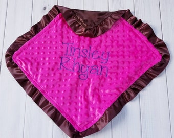 Brown Satin and Hot Pink Minky with brown Satin Ruffle lovey 17 x 17