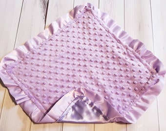 Baby Security Blanket Lovie Lovey Lavender Lilac Satin Ruffle Minky 16 x 16 inches
