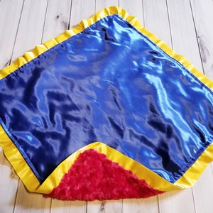 Boy girl Red Swirl Cuddle Silky Minky and Blue Satin with yellow Satin ruffles 25 x 25 image 2