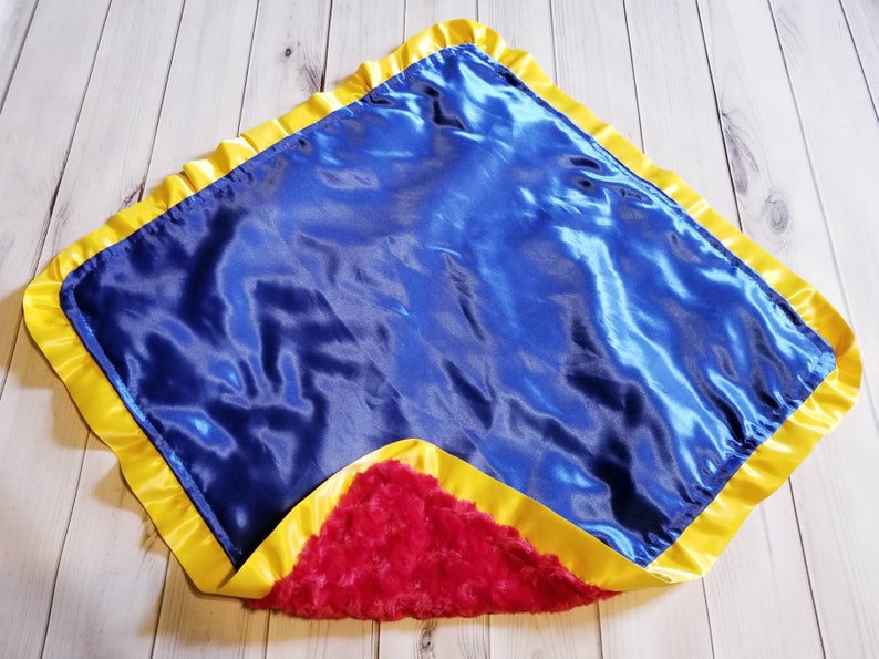 Boy girl Red Swirl Cuddle Silky Minky and Blue Satin with yellow Satin ruffles 25 x 25 image 2