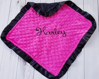 Black Satin and Hot Pink Minky with Black Satin Ruffle lovey 17 x 17