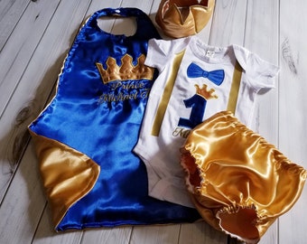 Royal Blue Gold 1st 2nd birthday Prince King royalty crown satin cape