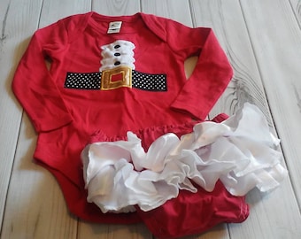 Santa Suit Red Ruffle diaper cover First Christmas Portraits Birthday bodysuit 12 months