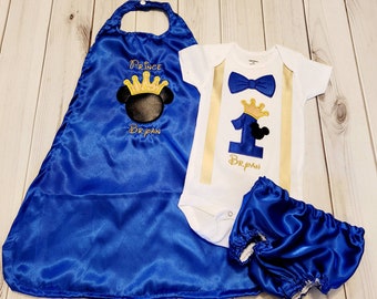 1st 2nd birthday photo prop Prince King MICKEY Royal Blue and gold birthday crown with satin diaper cover