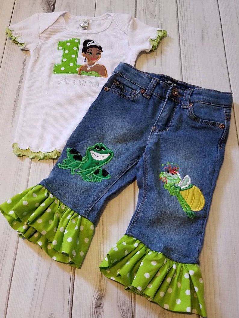 Princess Tiana Frog Fire Fly Birthday Shirt & Ruffle Capri or Jean Set image 3