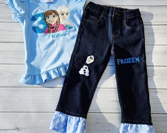 Frozen Birthday Outfit – Custom Elsa & Anna Appliqué Shirt or Onesie with Sequin Number + Ruffle Capris or Jeans Featuring Olaf
