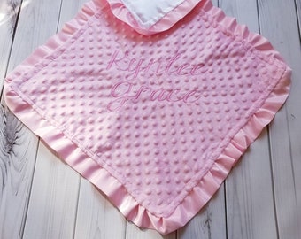 Baby Girl Lovey White Satin Pink Ruffle Minky 19 x 19