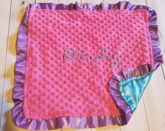 Baby Security Blanket Lovie Hot Pink Minky with turquoise satin , purple Satin Ruffle Minky 18 x 18