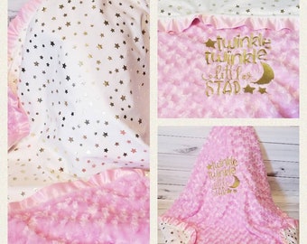 Cream gold star Minky & Pink swirl Minky Ruffle Baby Blanket 30x36