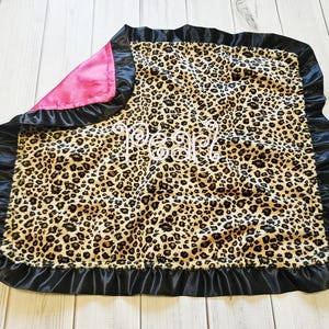 Cheetah Leopard Minky & Hot Pink Satin Lovie with Black Satin Ruffle  – 17x21"