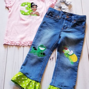 Princess Tiana Frog Fire Fly Birthday Shirt & Ruffle Capri or Jean Set image 2