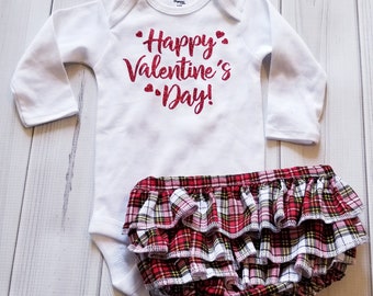 Valentines Day Bodysuit one piece and Plaid Ruffle diaper cover baby 3-9 months